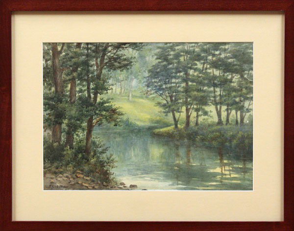 Watercolor,in the manner of Lattimer and Welch: (lot of 2) Framed watercolors, Stream Through the Woods in the manner of Lorenzo P. Latimer (Californian, 1857-1941) and Trees by a Stream in the manner of Thaddeus Welch (Californian, 1844-1919), bot