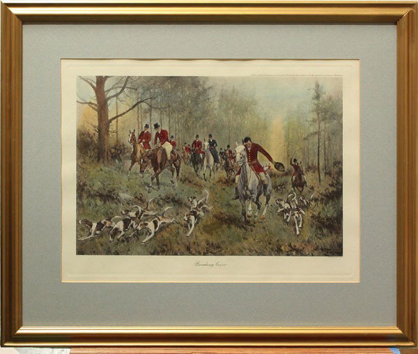 Colored Etchings, Hunting: (lot of 2) Framed colored etchings, ''Up a Tree'' and ''Breaking Cover,'' after George Hand Wright (American, 1872-1951), signed ''G. Wright'' within plate, overall: 25''h x 31''w