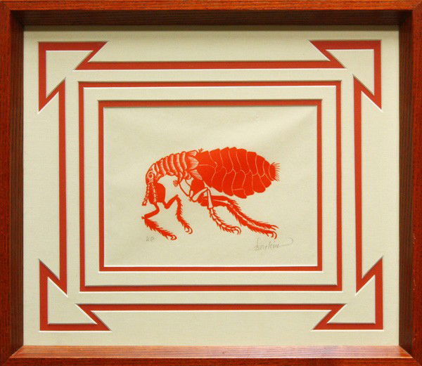 Print, Leonard Baskin, Flea: Framed woodblock print, Flea, by Leonard Baskin (American, 1922-2000), signed in pencil ''Baskin'' lower right, artist's proof, sight: 4''h x 5''w, overall: 14''h x 16''w