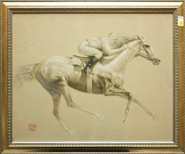 Drawing, Rodney Robert Stone: Framed gouache and pencil on masonite, Jockey and Racehorse, by Rodney Robert Stone (American, Contemporary), signed ''Rodney Robert Stone'' lower left, overall: 28''h x 34''w