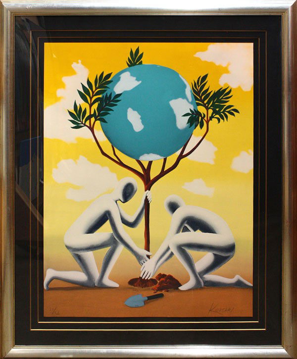 Lithograph, Mark Kostabi, Leaves: Framed lithograph, ''Give Leaves a Chance,'' by Mark Kostabi (American, b. 1960) signed ''Kostabi'' lower right, numbered edition of 56, overall: 52''h x 41''w