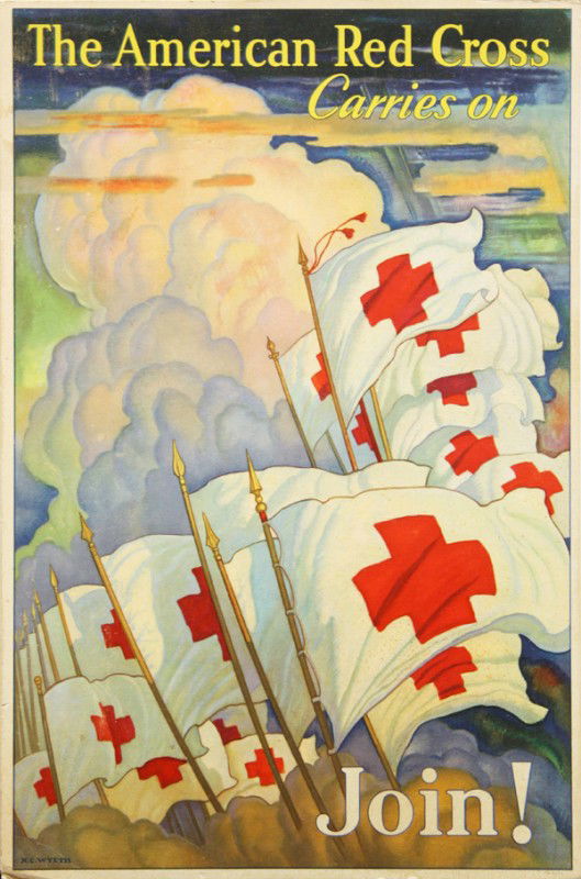Prints by N.C. Wyeth and Maxfield Parrish: Unframed ''Ladies Home Journal'' magazine cover (September 1904) illustrated by Maxfield Parrish (American, 1870-1966), and unframed ''American Red Cross'' poster illustrated by N.C. Wyeth (American,