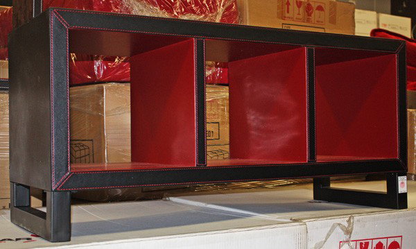 Black red faux leather coffee table shelf: Black and red faux leather coffee table shelf