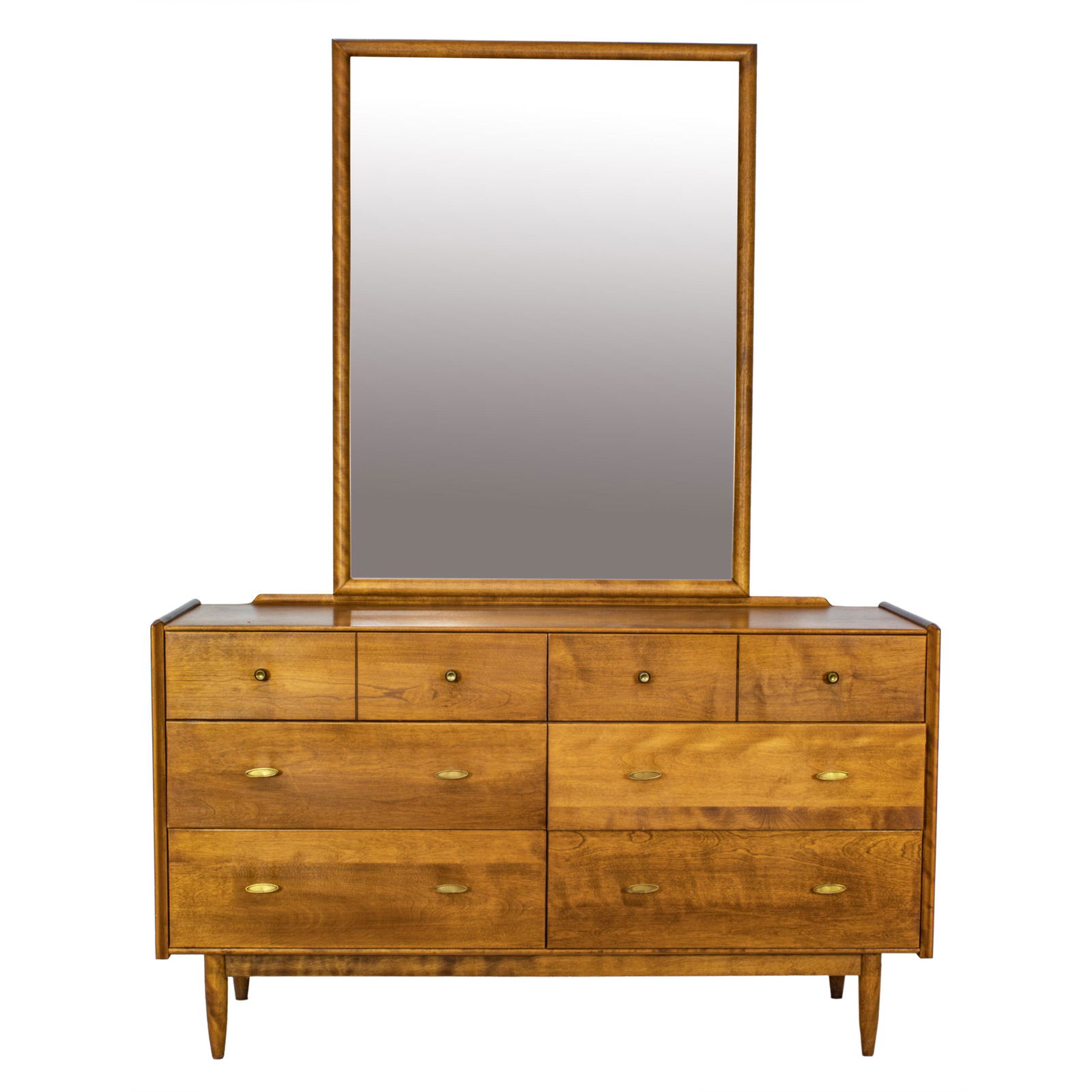 A Russel Wright for Conant Ball chest with mirror: A Russel Wright for Conant Ball chest with mirror, the chest with eight drawers, and retains the original pulls, 31.5"h x 54"w x 18"d, with mirror 42"h x 32"w