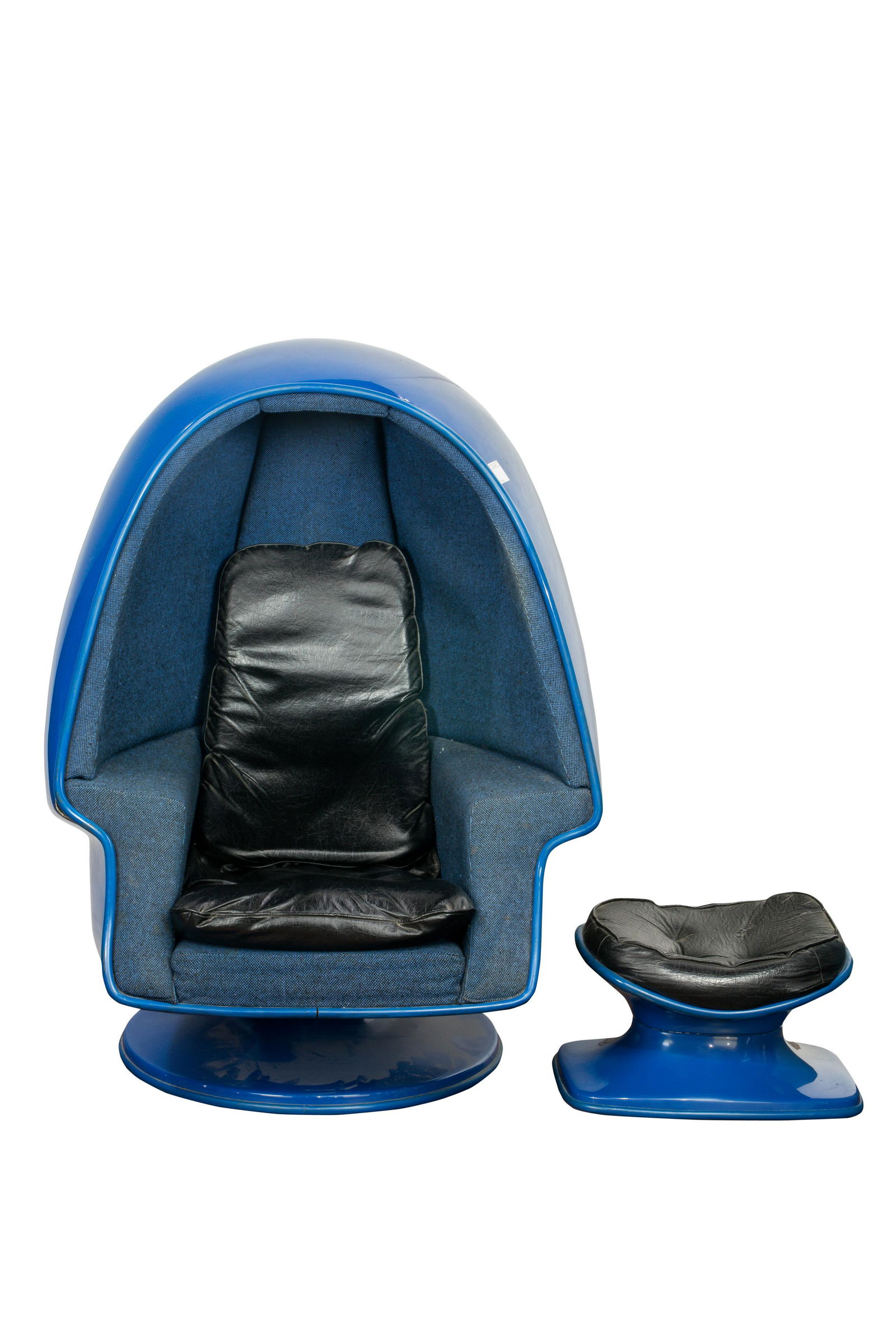 (lot of 2) Lee West 'Sound Chamber' chair and ottoman: (lot of 2) Lee West 'Sound Chamber' chair and ottoman circa 1970, with four integrated speakers, a lacquered fiberglass shell exterior, original fabric and leather, manufactured by Lee Chair Co., USA,