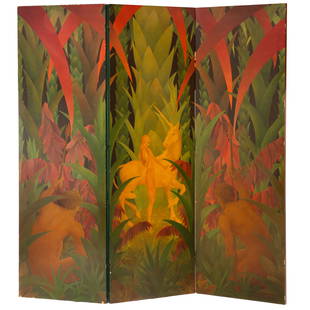 An American Art Deco three panel screen: An American Art Deco polychrome decorated three-panel screen by Kenneth Stevens MacIntire (1891-1979), dated 1930, oil on wood panel, the center panel with a unicorn and a maiden, centering the two pa