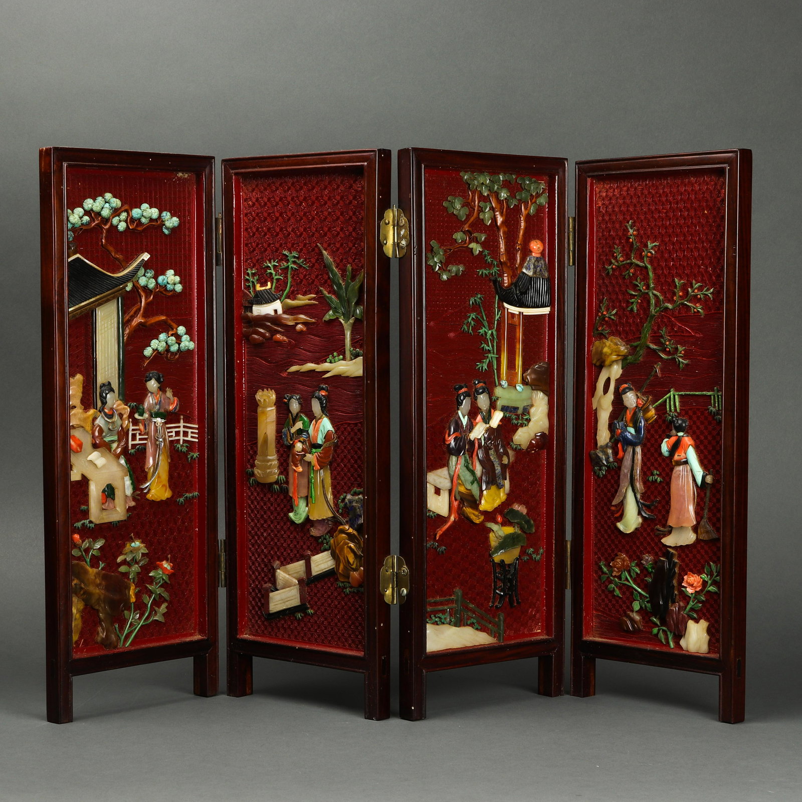 Chinese four-panel gemstone inlaid cinnabar lacquer (1 of 2)