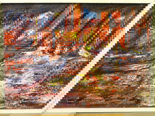 Oil/masonite, Pascal Cucaro: Framed oil on masonite, Ships at Harbor, by Pascal Cucaro (Californian 1915-2004), signed upper left, image: 20''H x 27.5''W