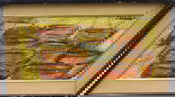 Oil/canvas, Pascal Cucaro: Framed oil on canvas, Pots, by Pascal Cucaro (Californian 1915-2004), signed upper right, image: 8''H x 15''W