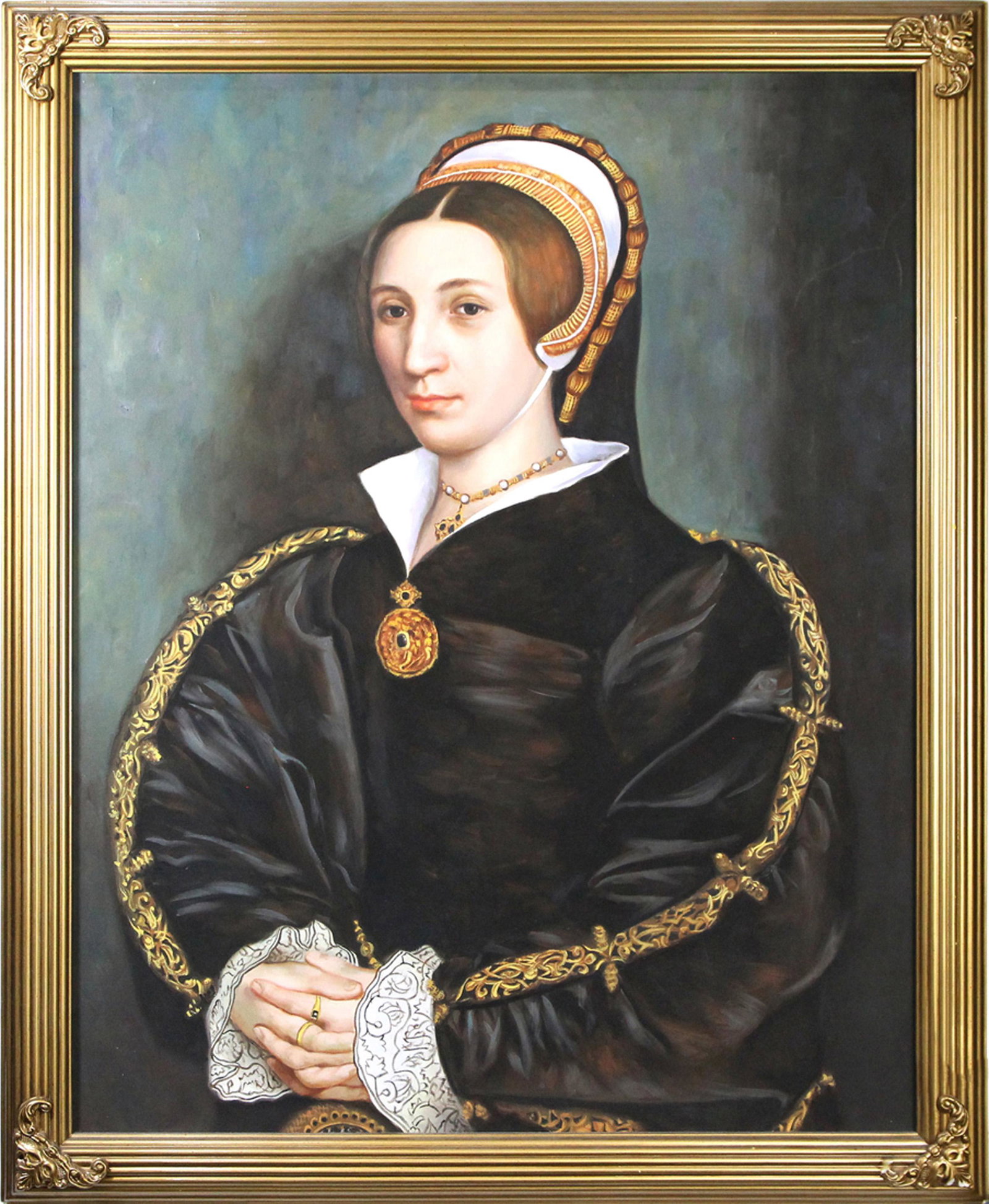 Painting, After Hans Holbein: After Hans Holbein (German, 1497-1543), Portrait of Lady, oil on canvas, unsigned, overall (with frame): 33.5"h x 27.5"w