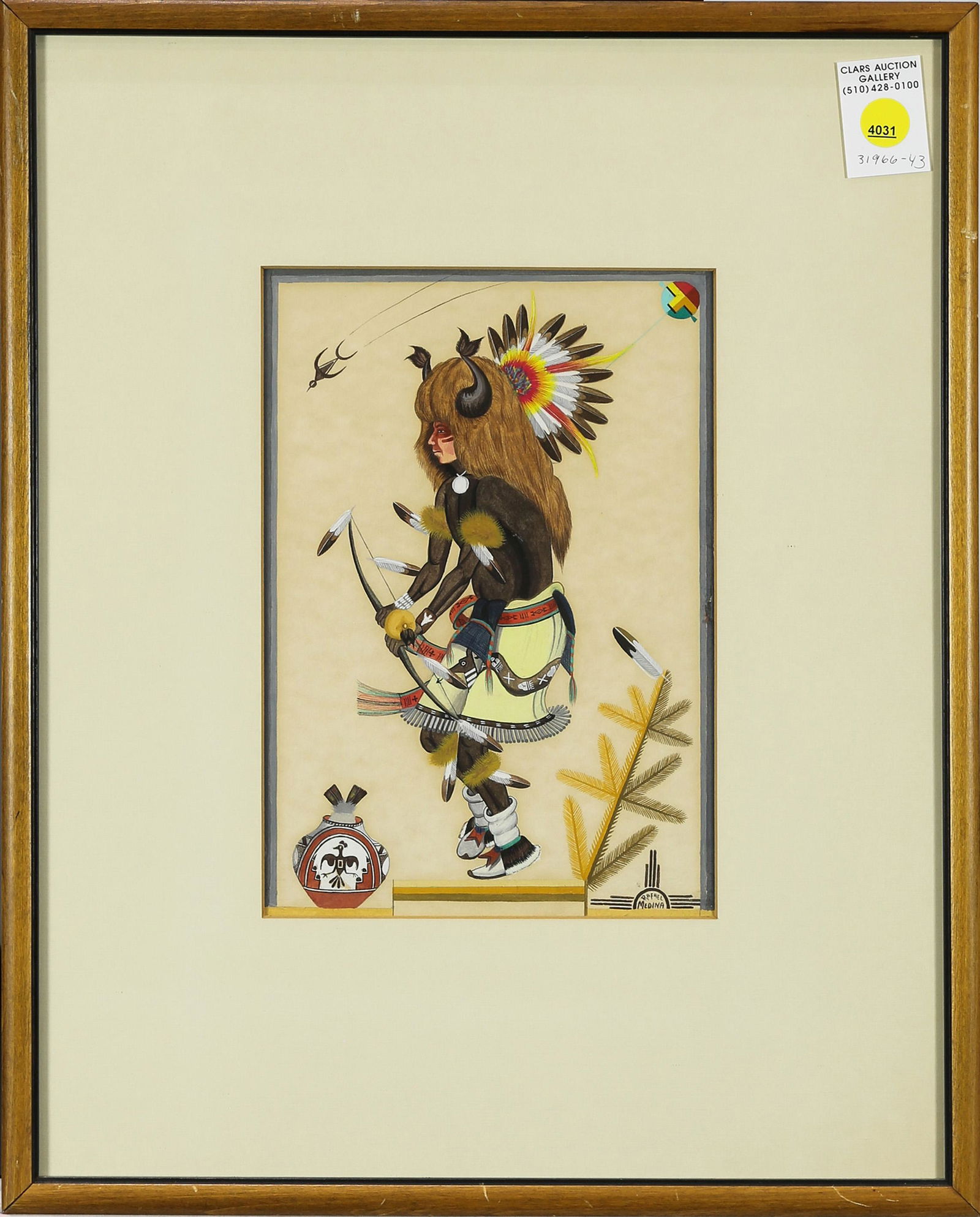 Watercolor, Rafael Medina: Rafael Medina (American, 20th century), Figure with Bow and Arrow, watercolor and gouache on paper, signed lower right, overall (with frame): 18.5"h x 14.75"w