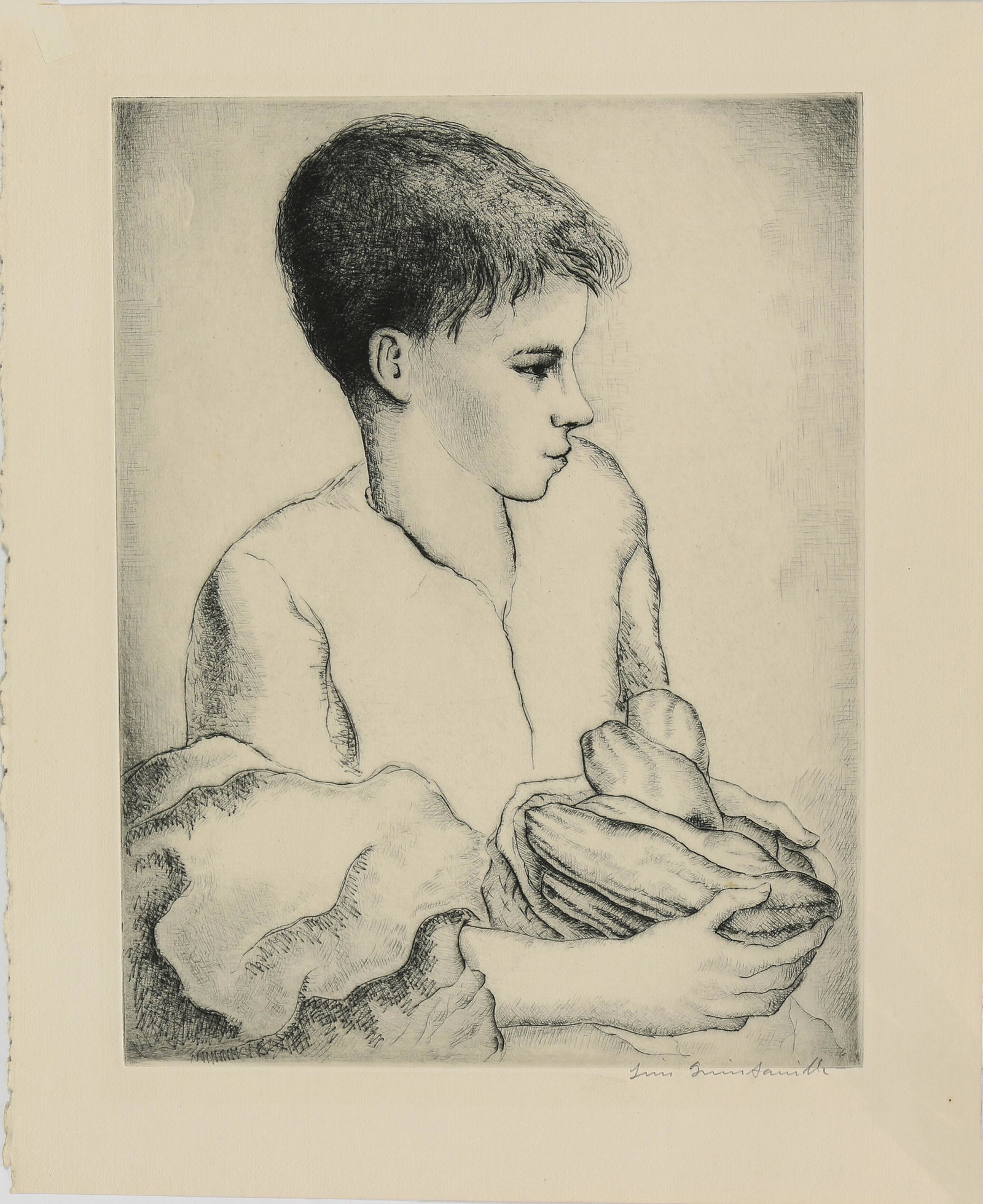 Print, Young Boy with Bowl: American School (20th century), Young Boy with Bowl, etching, pencil signed indistinctly lower right, overall (with mat): 18"h x 14"w