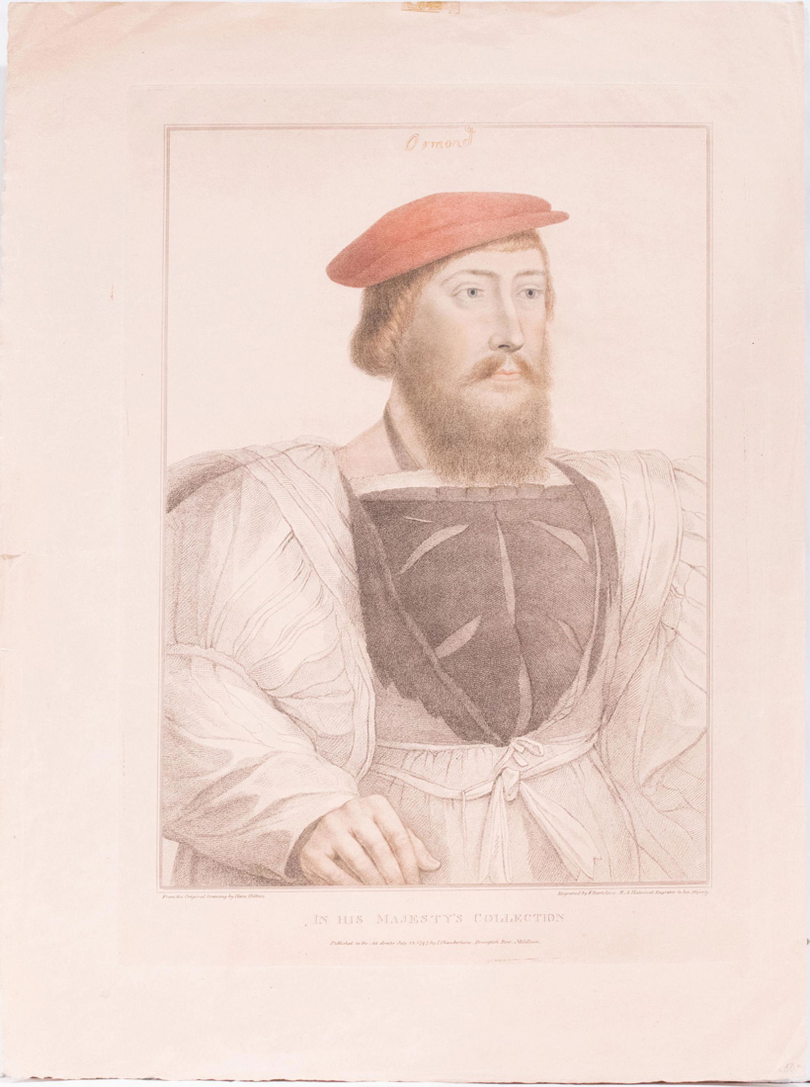 Print, After Francesco Bartolozzi: After Francesco Bartolozzi (Italian, 1727-1815), "Ormond," stipple engraving with hand coloring, after the original drawing by Holbien, published in 1797 by I. Chamberlaine, Middlesex, sheet (unframed