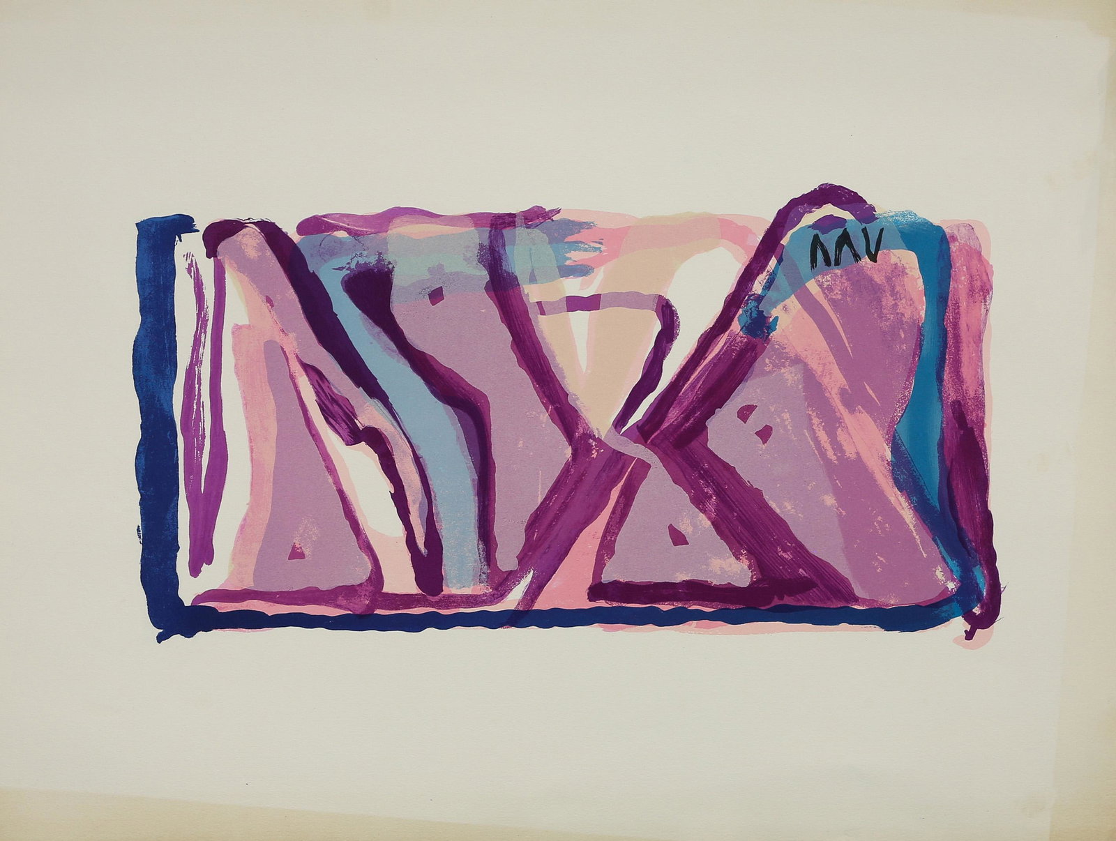 Pink, Untitled (Purple, Pink, Blue): American School (20th century), Untitled (Purple, Pink, Blue), lithograph in colors, unsigned, sheet (unframed): 30.5"h x 23"w
