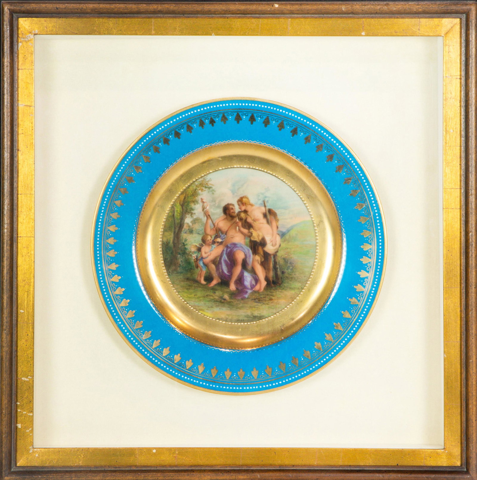 Vienna style porcelain cabinet plate in shadow box: Vienna style porcelain cabinet plate in shadow box frame, depicting a mythological scene signed 'K. Wildner', within a turquoise border embellished with raised gilt, titled on reverse 'Herkules', over