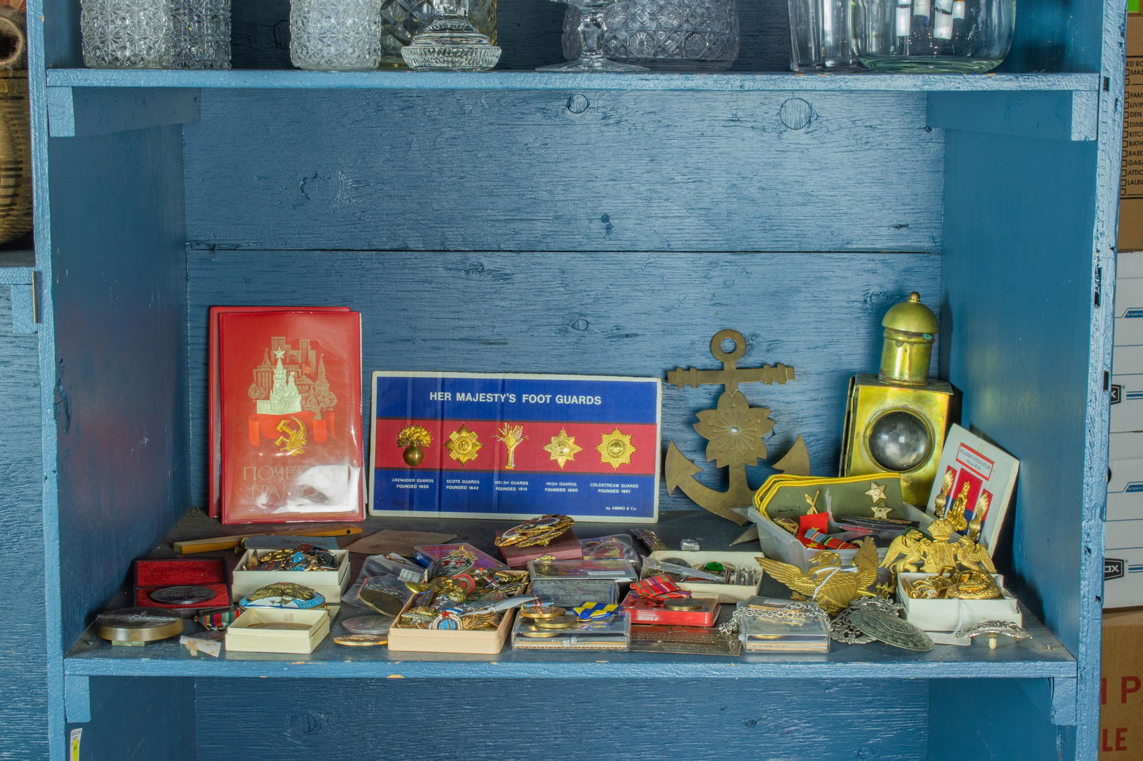 Large shelf lot of militaria: Cold War medals, badges, (1 of 1)