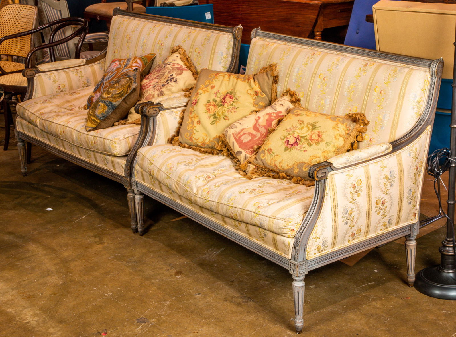 (lot of 2) French Neoclassical style settees: (lot of 2) French Neoclassical style settees, each having a square profile, 34"h x 47"w x 20"d