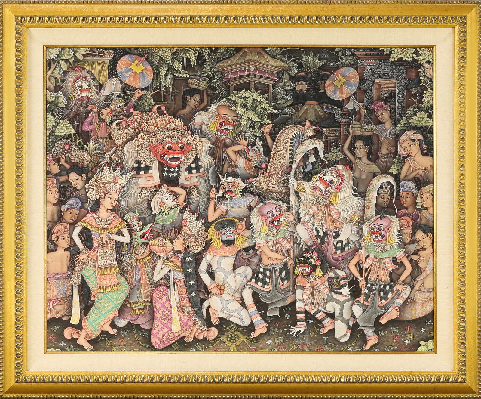 Balinese painting: Balinese painting, gouache on canvas, depicting a festival parade, signed and dated, framed, 26"h. x 33"w.