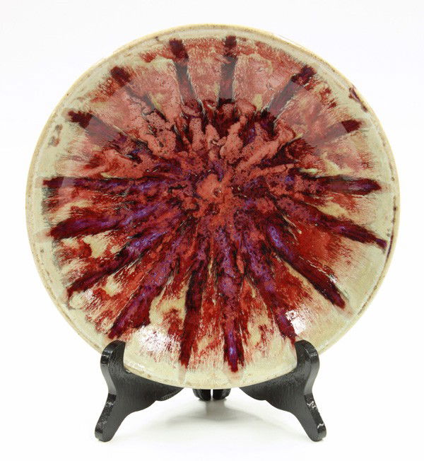 Harding Black studio pottery bowl: Harding Black (1912-2004) studio signed pottery shallow bowl, executed in 1954 and decorated with a cranberry to magenta high glaze, inscribed and dated on underside, 2''h x 9''w