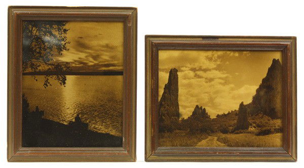 Framed gold tone photographs: (lot of 2) Framed gold tone photographs, depicting western landscapes, each presented in original frames, overall 5.5''h x 4.75''w
