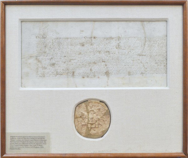 Elizabeth I signed 1563 indenture & Great Seal: Queen Elizabeth I (1533-1603) signed 1563 framed indenture with the royal Great Seal,(The first great seal 1558-1586, prior to the seal engraved by Nicholas Hilliard), the indenture states the terms o