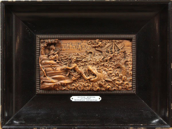 Carved boxwood group: Carved boxwood, Jonah and the Whale, Unknown: Dutch School, 17th century, sight: 3.75'' x 6.75'', overall: 9'' x 12'' x 2''