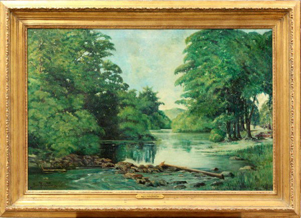 Painting, Ben Foster, Forest in the Spring: Framed oil on canvas, ''Forest in the Spring,'' by Ben Foster (American, 1852-1926), signed ''Ben Foster'' lower left, titled on name plate, sight: 24''h x 36''w, overall: 31.5''h x 43.75''w