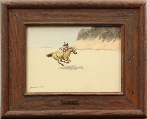 Painting, Leonard H. Reedy, Cowboys: Pair of framed watercolors on paper, ''Prairie Fire'' and ''Caught in the Circle'', by Leonard H. Reedy (American, 1899-1956), signed ''Leonard H. Reedy'' lower left, sight: 7.75''h x 10.75''w, overal
