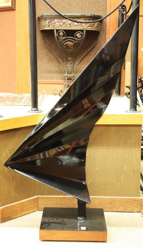 Metal sculpture, Thom Brown: Metal sculpture, Untitled, 1968, by Thom Brown (American, 20th century), signed and dated ''Thom Brown 4-68'' bottom base, mounted on wood base, sculpture dimensions: 64''h x 35''w x 19.5''d, overall 