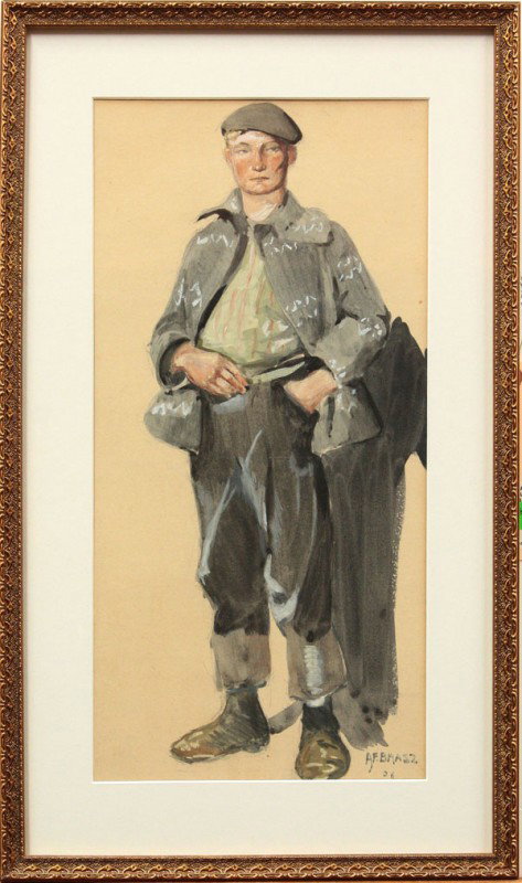 Painting, Arnold Franz Brasz, Newsboy: Framed watercolor and gouache on paper, Newsboy, 1906, Arnold Franz Brasz (American, 1888-1966), signed and dated ''A.F. Brasz '06'' lower right, sight: 18''h x 9''w, overall: 23.25''h x 13.75''w, Not