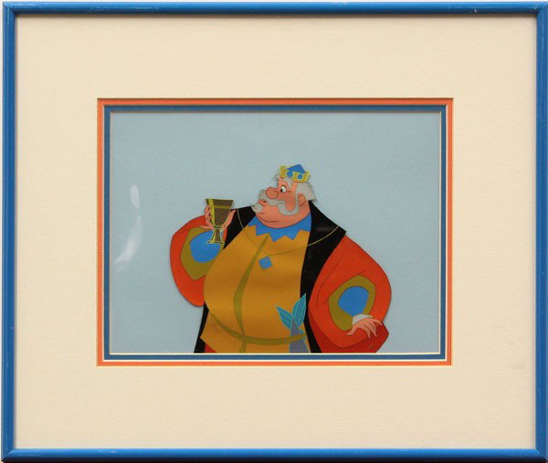 Animation Cel, Sleeping Beauty, Disney: Framed hand-painted animation cel, ''King Hubert - Sleeping Beauty,'' 1959, for Walt Disney Animation, Fantasy Art certificate affixed verso, sight: 7''h x 9.5''w, overall: 13''h x 16''w
