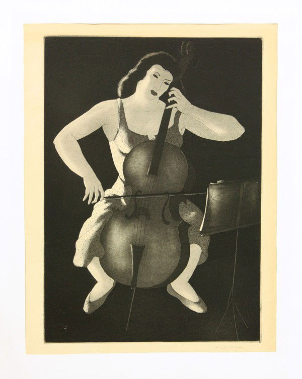 Etching, Doel Reed, Evening Music: Unframed black and grey aquatint/etching, ''Evening Music,'' circa 1940, by Doel Reed (American, 1894-1985), signed ''Doel Reed'' lower right, from the edition of 250, published by Associated American