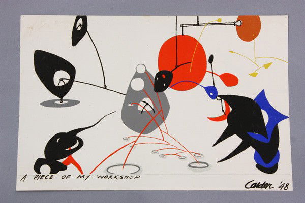 Silkscreen, Alexander Calder, Wallpaper: Unframed silkscreen on canvas, ''Wallpaper (A Piece of My Workshop),'' 1948, by Alexander Calder (American, 1898-1976), titled and signed within the print, overall: 10''h x 15''w. Provenance: Deaccess