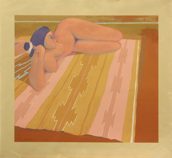 Lithograph, R.C. Gorman, Reclining Nude on Rug: Unframed color lithograph trial proof, ''Navajo Rug,'' 1982, by R.C. Gorman (American, 1932-2005), signed and dated ''R.C. Gorman, 1982'' lower left, inscribed ''C.T.P.'' lower right, sight: 22''h x 2