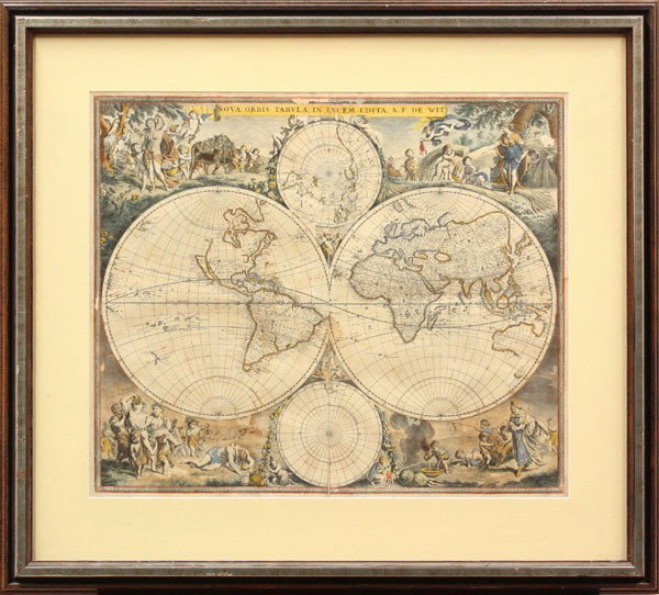 Map, World by A.F. De Wit: Framed map, Nova Orbis Tabula in Lucem Edita, Amsterdam 1670, Frederick De Wit (1630 - 1706), double-page engraved twin-hemispherical world map with two smaller polar spheres and allegorical vignettes