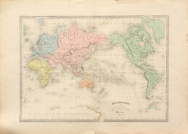Colored Map of the World: Unframed 1837 Fremin's colored map of the world, 13'' by 18''
