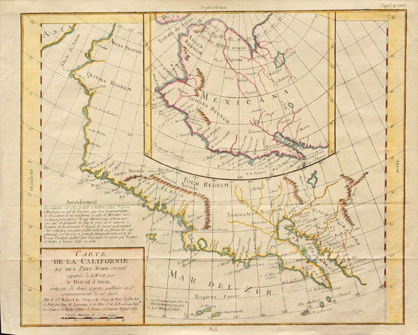 Early map of California: (lot of 2) unframed detailed color map of California and the Pacific coast, 12'' x 14'', together with an unframed 1831 North American map highlighting Native American tribes, 12.5'' x 17''