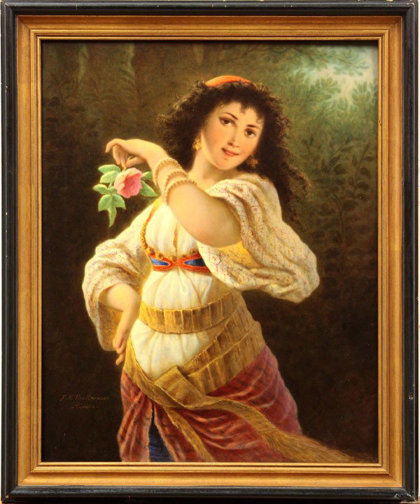 Painted porcelain plaque: Framed Berlin painted porcelain plaque, Bohemian Gypsy by Franz Xavier Thallmaier (German), signed on the front 'J.X. Thallmaier', front bottom left, on the reverse stamped, Frz. X. Thallmaier, Kunsth