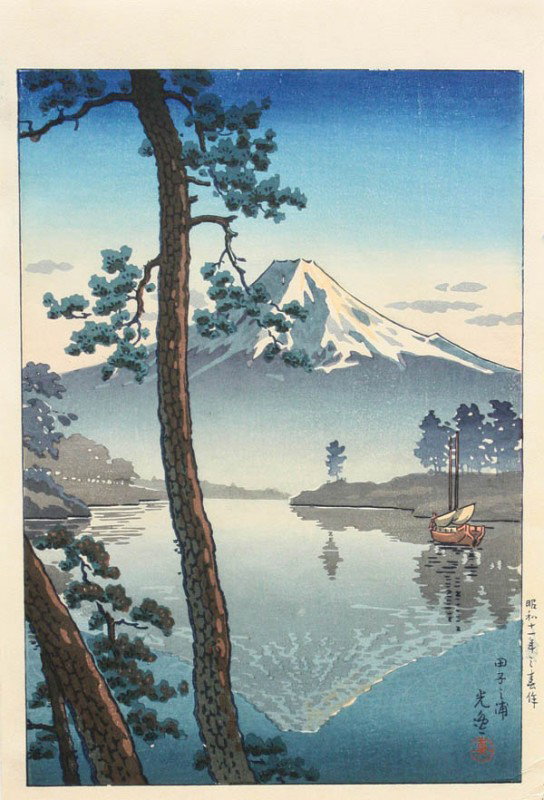 Japanese Modern Woodblock Print, Koitsu: Unframed Japanese modern woodblock print, by Tsuchiya Koitsu (1870-1949), entitled Tago-no-ura, dated Showa 11.3 (1936 March), signed Koitsu, 11.5''h x 7.75''w