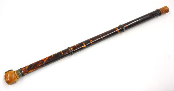 Chinese Tortoise Shell/Ivory Pipe, Republic: Chinese tortoise shell and ivory opium pipe, Republic period, consisting of a the faux bamboo form tortoise shell shaft fitted with an ivory 'mouthpiece' of tapering cylindrical form, the ivory bowl s