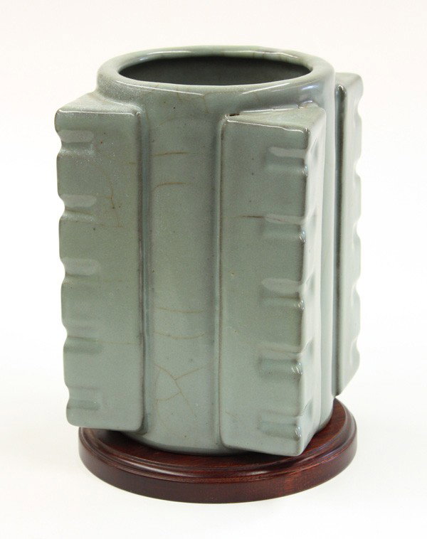Chinese Celadon Glazed Porcelain Vase, Cong: Chinese celadon glazed cong-form porcelain vase, of square section with characteristic notched corners and a circular mouth, covered overall with a grey-celdaon glaze exhibiting a light colored large 