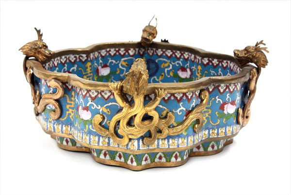 Chinese Unusual Lobed Cloisonne Enamel Container: Chinese cloisonne enamel decorated floriform container, the interior well with a prancing qilin reserve surrounded by peach sprays, stylized bats and ruyi-heads alternating with shou medallions repeat