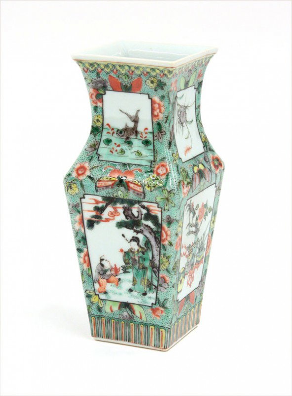 Chinese Famille Verte Porcelain Vase,Qing/Republi: Chinese famille verte decorated porcelain vase, late Qing/Republic period, of square section with figural reserves and panels depicting various scholar's items set below reserves of water life and flo