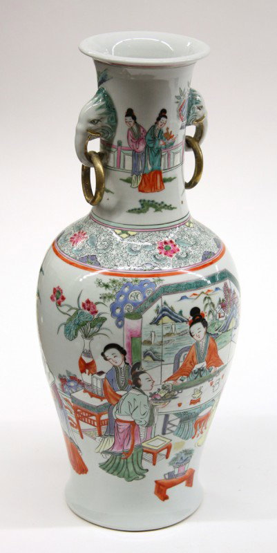 Chinese Polychrome Enamel Vase, Beauties: Chinese polychrome enamel decorated porcelain baluster vase, depicting beauties in elegant pursuits and backed by a landscape screen while accompanied by playful children and attendants, the shoulder 