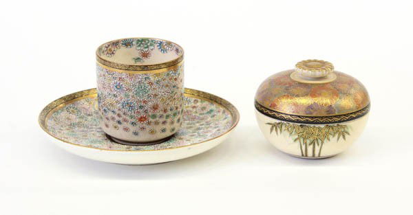 Japanese Satsuma-style Ceramic Items: (lot of 3) Japanese Satsuma-style ceramics, early 20th century, the first a polychrome enameled millefleur decorated tea cup and saucer, centered by multi-colored butterflies to the interior well, eac