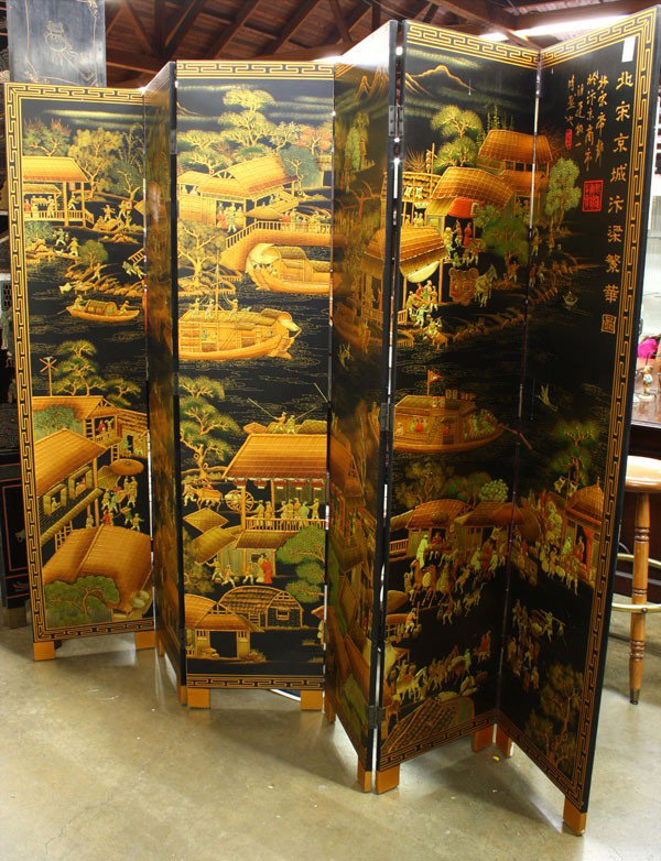 Chinese Wooden Folding Screen: Chinese pigment decorated four-panel folding wood screen, featuring a continuos city scene representing the Northern Song capital, all bordered by a key-fret band, each panel reversed by a pair of sev