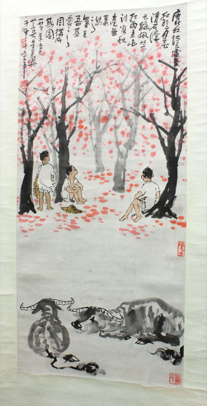 Chinese Scroll, Li Keran(after), Ox and Children: Chinese hanging scroll, Children and Oxen, after Li Keran (1907-1989), the upper with a long poetic inscription, with date 1921? third month, bearing the signature 'Keran', four seals, overall: 75''h 