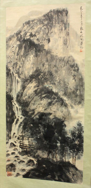 Chinese Scroll, Fu Baoshi(after), Landscape: Chinese hanging scroll, Figure in Pavilion Amid Mountain Landscape, after Fu Baoshi (1904-1965), the upper right with date 1963 third month, bearing the signature 'Baoshi', along with three seals, ove