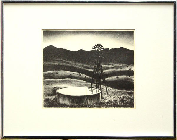 Lithograph, Peter Hurd, Water Tank: Framed lithograph, ''Water Tank,'' by Peter Hurd (American, 1904-1984), signed ''Peter Hurd'' within stone, overall: 15.25''h x 19.25''w