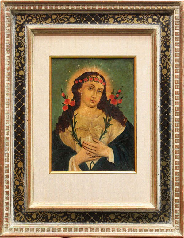 Painting, Virgin Mary, Retablo: Framed oil on tin retablo, Virgin Mary, Spanish school, 19th century, overall: 27.75''h x 21.5''w